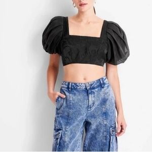 Future Collective Kahlana Barfield Brown Puff Sleeve Crop Top Size 6 Black